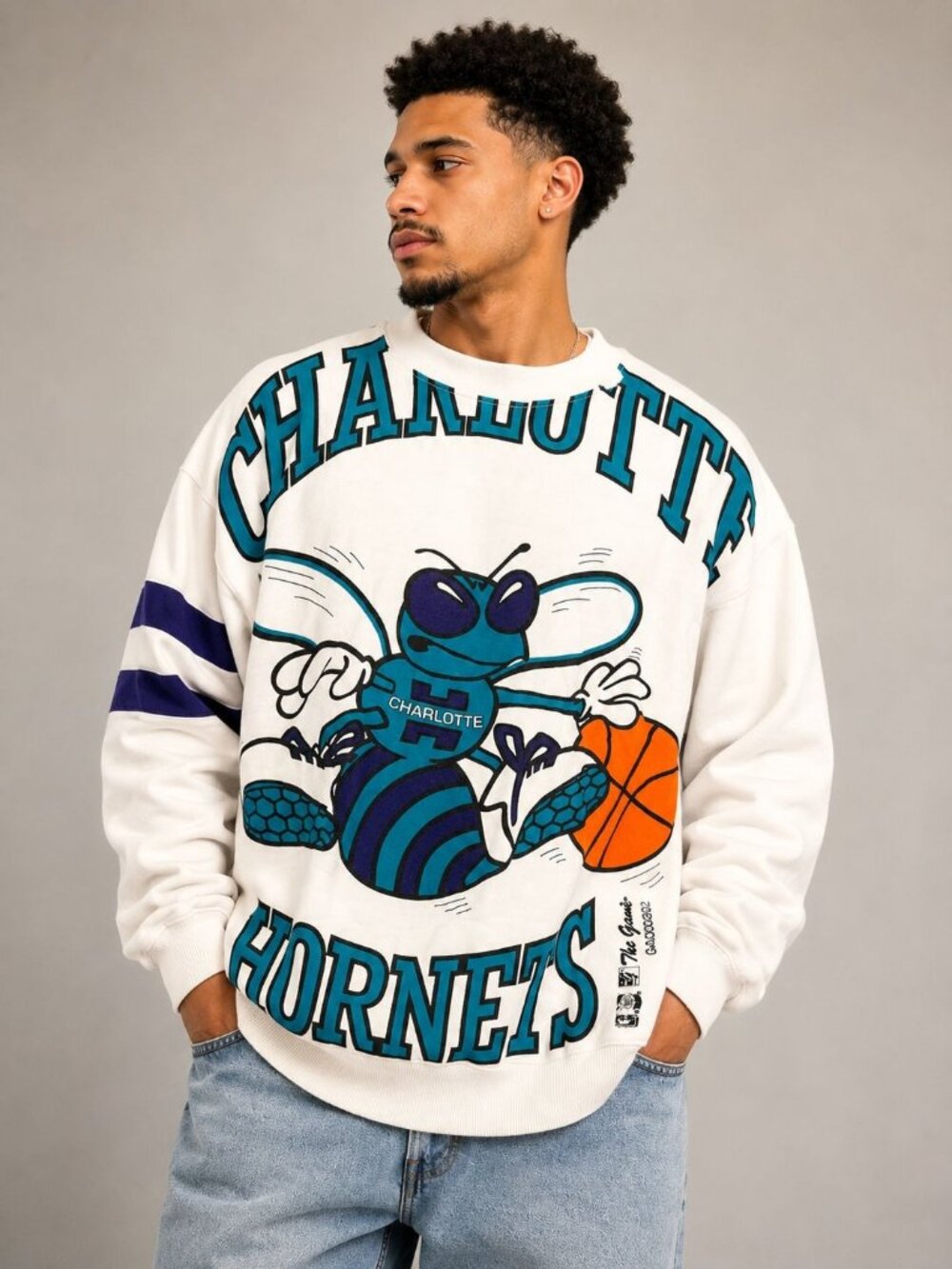 Vintage 90s Charlotte Hornets The Game AOP Hugo NBA Crewneck Sweatshirt Large